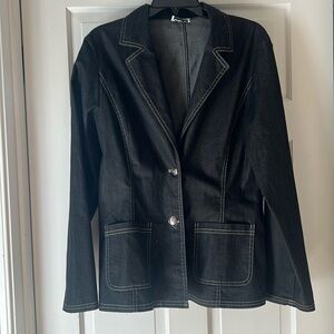 Women’s Vintage Dark Denim Blazer with Metal Buttons and White Seaming